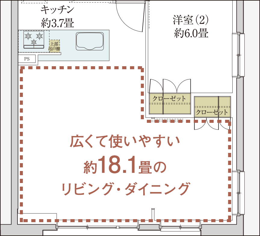 広くて使いやすい約18.1畳のリビング・ダイニング